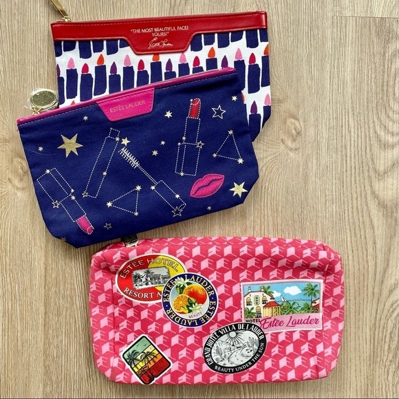 Estée Lauder Makeup Cosmetic Bag Set - 3pc Lot, Travel & Zipper Pouches - Picture 1 of 3